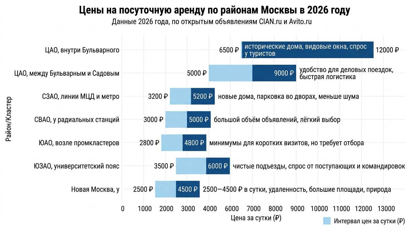 Цены на посуточную аренду по районам Москвы в 2026 году